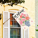 AVOIN colorlife Pink Peony Spring Floral House Flag 28x40 Inch Double Sided Outside, Blue and White Chinoiserie Seasonal Welcome Yard Outdoor Flag