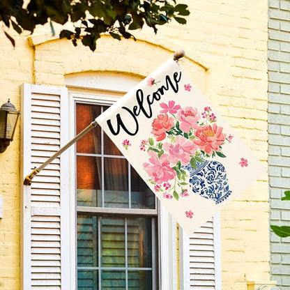 AVOIN colorlife Pink Peony Spring Floral House Flag 28x40 Inch Double Sided Outside, Blue and White Chinoiserie Seasonal Welcome Yard Outdoor Flag
