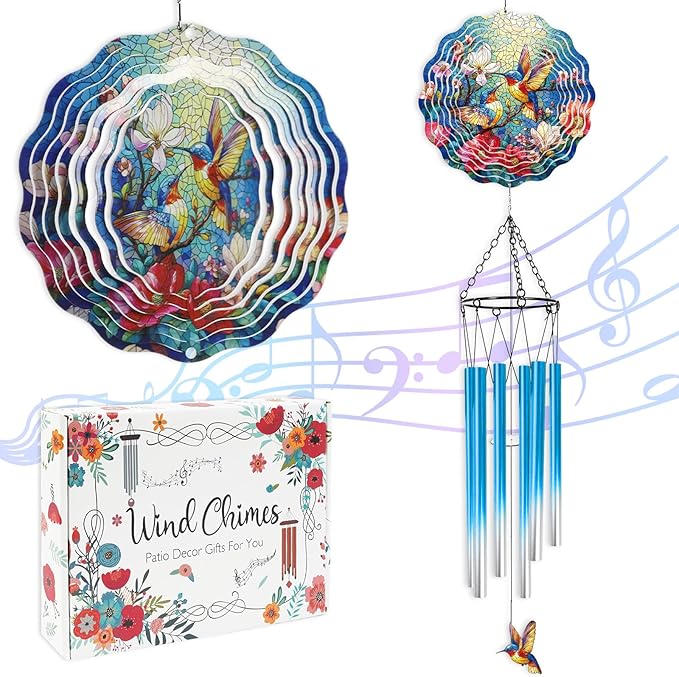 Hummingbird Wind Chimes for Outside - Hummingbird Wind Chimes with 3D Wind Spinners for Bird Lover, Hanging Art Ornament with Card for Indoors Room Home Wall Garden Patio Yard Porch Backyard