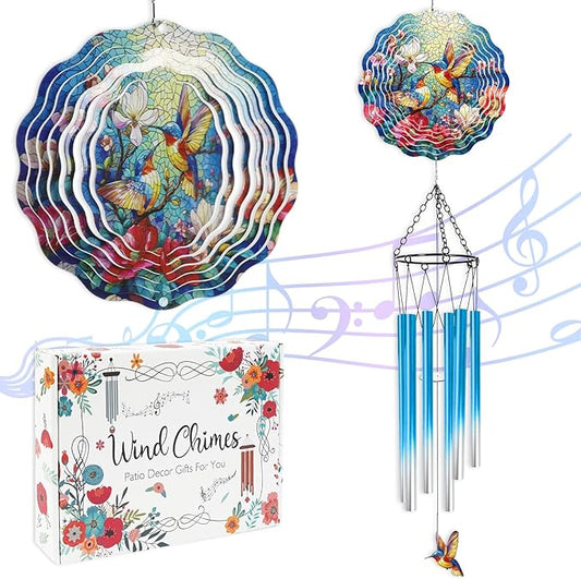 Hummingbird Wind Chimes for Outside - Hummingbird Wind Chimes with 3D Wind Spinners for Bird Lover, Hanging Art Ornament with Card for Indoors Room Home Wall Garden Patio Yard Porch Backyard