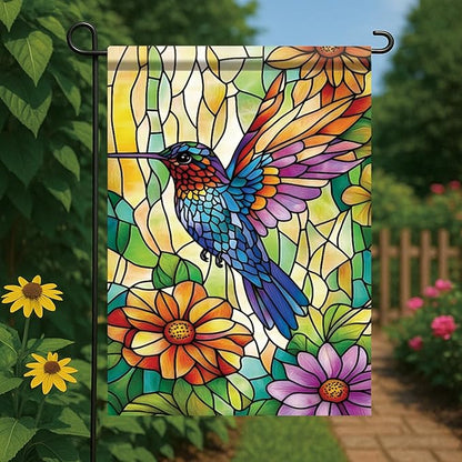 Spring Summer Garden Flag 12x18 Inch Colorful Hummingbird Stained Glass Floral Art Design Outdoor Yard Porch Lawn Garden for Seasonal Farmhouse Boho Home Decor