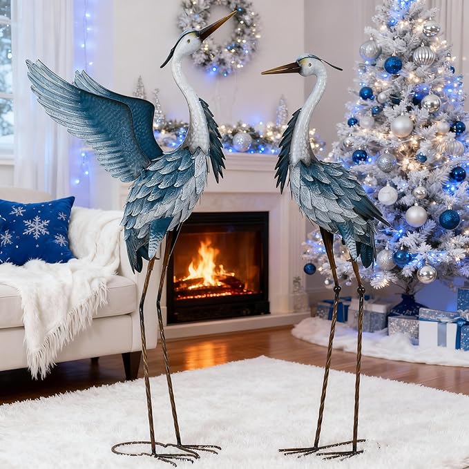 TERESA'S COLLECTIONS Garden Decor, Set of 2 Herons Garden Decor, 23-25", Elegant Herons with Blue Painting, Waterproof Metal Garden Statue, Birthday Gifts for Women Mom