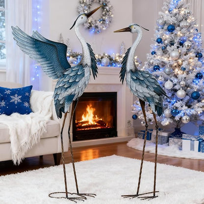 TERESA'S COLLECTIONS Garden Decor, Set of 2 Herons Garden Decor, 23-25", Elegant Herons with Blue Painting, Waterproof Metal Garden Statue, Birthday Gifts for Women Mom