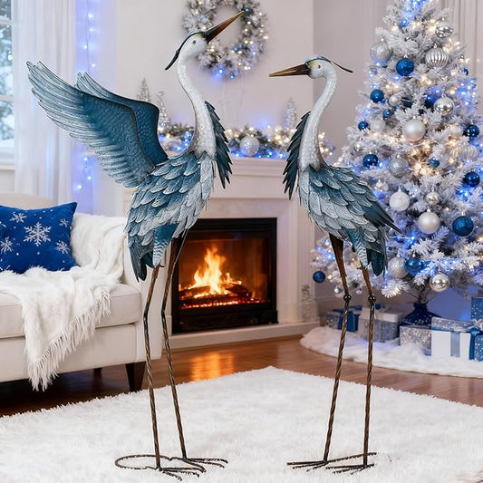 TERESA'S COLLECTIONS Garden Decor, Set of 2 Herons Garden Decor, 23-25", Elegant Herons with Blue Painting, Waterproof Metal Garden Statue, Birthday Gifts for Women Mom