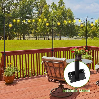 2 Pack String Light Poles for Outside, 9FT Heavy Duty Light Poles Outdoor with Shepherds Hooks for Bird Feeder & Plant Hanging, Adjustable Height Metal Pole for Garden Party Backyard Patio Decor