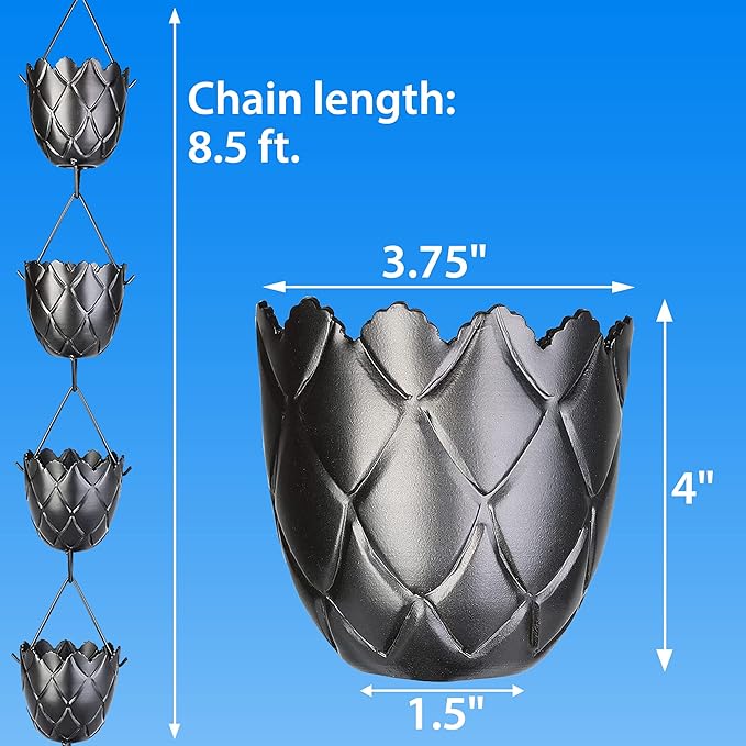 RainChains Pacific Fluted Scalloped Rain Chain 8.5ft Black Aluminum Rain Chain for Heavy Rain Premium Decorative Gutters.