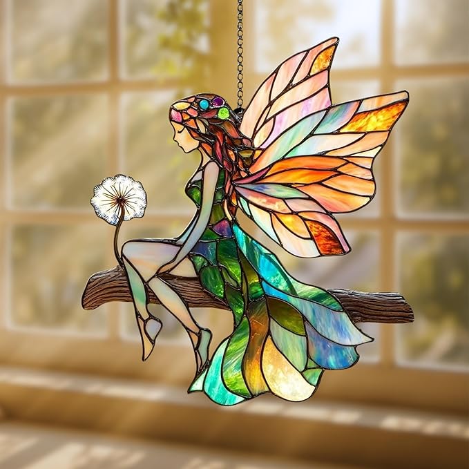 Cute Fairy Acrylic Suncatcher, Boho Suncatchers for Window Hanging Ornament, Stained Glass Effect Indoor Outdoor Garden Decor for Cottagecore Lover, Gifts for Mother's Day, Mom, Grandma, Wife, Women