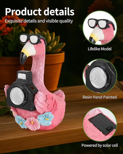 GoGnome Solar Flamingo Garden Statue with Camera Light – 5.5in Tall Solar Powered Outdoor Figurine for Yard, Patio, Balcony – Funny Garden Decor, Gift for Women (Flamingo)
