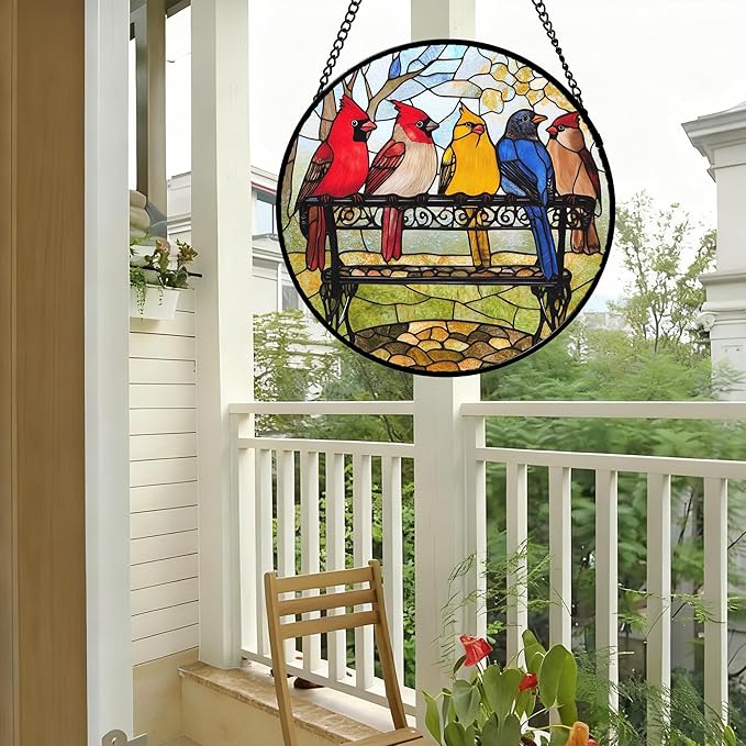 Stained Glass Window Hanging Cardinal on Bench 9.8" - Bird Suncatcher Door Garden Patio Sun Catcher Home Decor Christmas for Mom Woman Nana Friends Men Bird Lovers