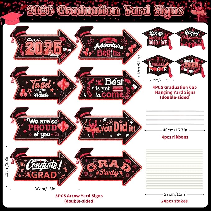Class of 2026 Graduation Yard Sign Arrow for Outdoor Pathway,Graduation Cap Hanging Yard Signs,Black Red This Way Yard Signs with Stakes Ribbon,Graduation Party Decor for College High School