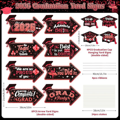 Class of 2026 Graduation Yard Sign Arrow for Outdoor Pathway,Graduation Cap Hanging Yard Signs,Black Red This Way Yard Signs with Stakes Ribbon,Graduation Party Decor for College High School