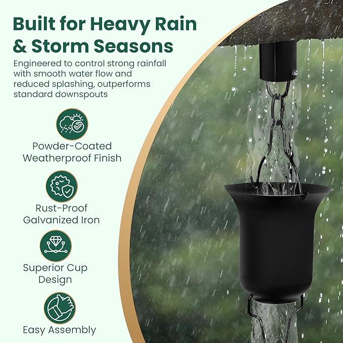 Black Rain Chain 9 FT, 11 FT Installed with Anchor Stake and Gutter Adapter, Durable Heavy Duty Rain Chains for Gutters for Heavy Rain, Rust Resistant, Outdoor Decor for Homeowners