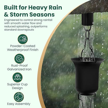 Black Rain Chain 9 FT, 11 FT Installed with Anchor Stake and Gutter Adapter, Durable Heavy Duty Rain Chains for Gutters for Heavy Rain, Rust Resistant, Outdoor Decor for Homeowners