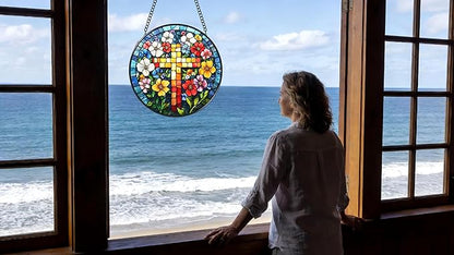 Funoasis Stained Glass Window Hanging 6.3 Inches Suncatcher - A Cross Surrounded by Flowers Ornaments Sun Catcher Home Decor Women Birthday