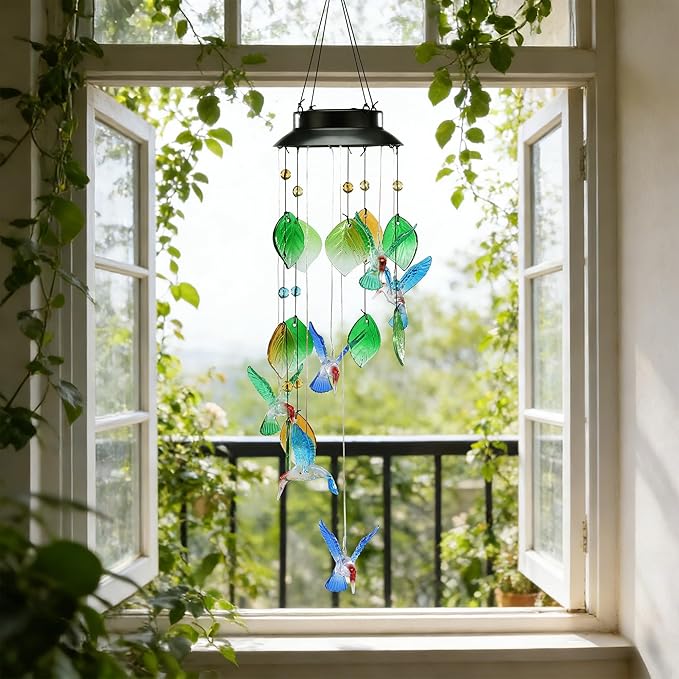 Colorful Hummingbird Wind Chimes with Solar-Powered Flashing Lights, 13 Inch Colorful Shell Hanging Decor for Outdoor Garden Patio Yard Home Indoor Outdoor Wall Window Decor