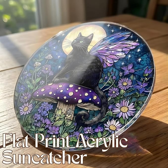 Black Cat Mushroom Moon Acrylic Suncatcher - Faux Handmade Stained Glass Window Hanging Ornament for Display, Home Decor & Gift Idea for Cat Lovers