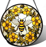 Stained Glass Window Hanging - Yellow Flowers Surrounded by Bees Sun Catcher for Door Garden Home Decor Cute Suncatcher Christmas Mother's Day Birthday Gifts for Women Men Mom Nana 15 in