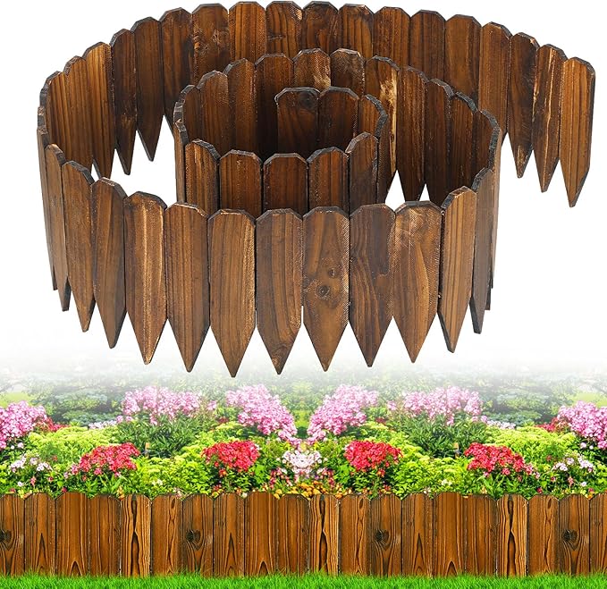 Rustic Pine Wood Garden Fence - 13.1ft L*12in H Easy to Install Sturdy Wooden Landscape Edging Border, No Fading Planter Fencing for Yard Flower Bed Lawns Pathway Tree