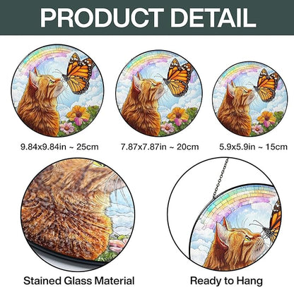 Orange Cat Stained Glass Suncatcher, Butterfly Orange Cat Lovers Gifts Window Hanging Garden Decor, Memorial Pet Loss Sympathy Gift Christmas Birthday for Grandma, Friends, Women