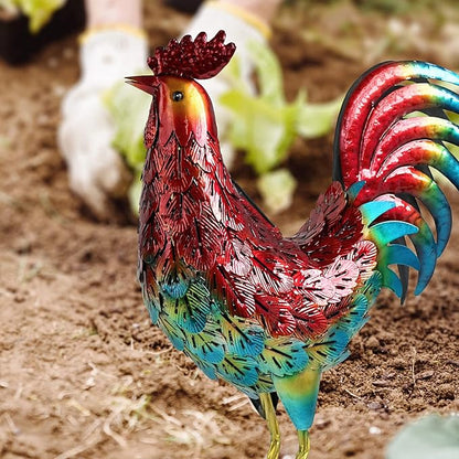Kircust Solar Metal Rooster Animal Lights Garden Sculptures Art Decor, Outdoor LED Light Color Chicken Statue for Farm Patio Lawn Back Yard Home Decorations,13.98" WX5.9 DX16.74 H