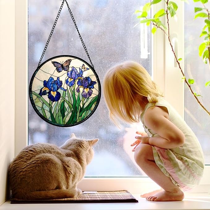 DASTOLL Stained Glass Window Hanging, Blue Purple Butterfly Flower Suncatcher Diamond Colorful Glass Panel Sun Catchers Decor for Birthday for Women, Men, Wife, Aunt, and Mom 9.8 in