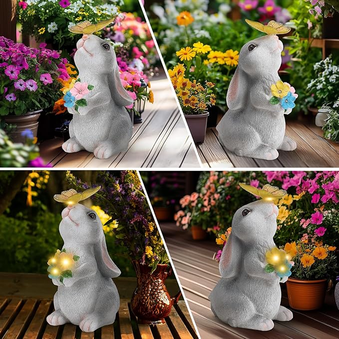 Solar Garden Decor Bunny with Flowers Statues Outdoor, Outdoor Figurine Statue Lights, Outdoor Garden Yard Lawn Patio Decoration, Unique House Warming Birthday Present for Women Family