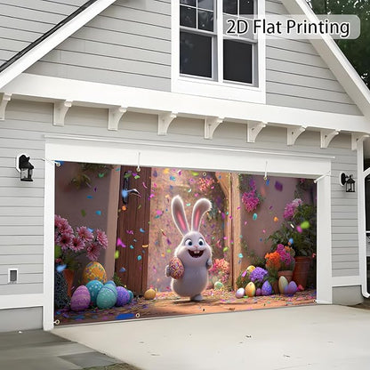 Easter Garage Door Banner Cover, Easter Bunny Colorful Eggs Spring Party Backdrop Decor, Garage Door Cover For Outdoor Yard Holiday Decoration (Cute Bunny)