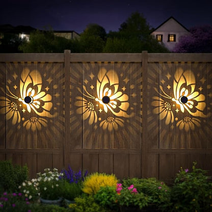 Hapjoy Solar Fence Lights 4 Pack Solar Deck Lamps Outdoor Decorations Powered Step Lights Wall Waterproof LED Warm Decorative Lighting for Garden (Butterfly-Flower, 4)