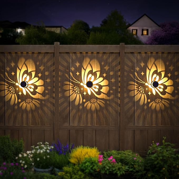 Hapjoy Solar Fence Lights 2 Pack Outdoor Deck Step Wall Lights Metal Waterproof LED Warm Yellow Light for Garden Post Patio Backyard Yard Decor (Butterfly-Flower, 2)