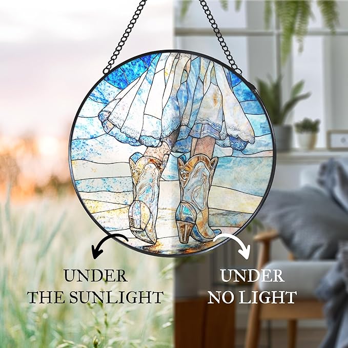 Western Cowgirl Boots Stained Glass Window Hanging Suncatcher, Western Cowboy Sun Catcher Indoor Window Decor Gifts for Women, Blue Country Painted Glass Wall Hanging Decorations 7.8x7.8 in