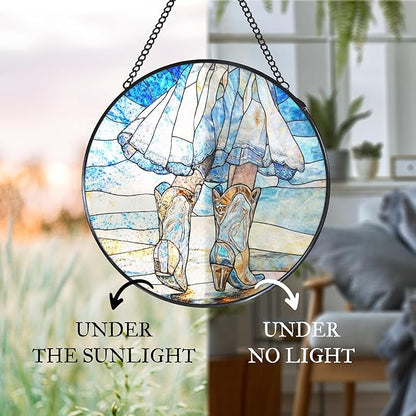 Western Cowgirl Boots Stained Glass Window Hanging Suncatcher, Western Cowboy Sun Catcher Indoor Window Decor Gifts for Women, Blue Country Painted Glass Wall Hanging Decorations 7.8x7.8 in