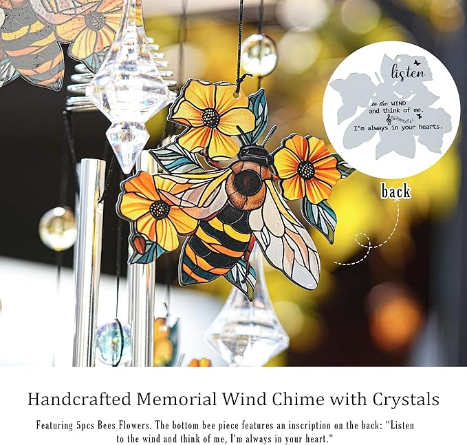 YU FENG Bee Wind Chimes with Crystal Suncatcher – 27 Inch Memorial Wind Chime for Outdoor Garden Decor, Bee Gifts for Mom/Grandma, Metal Windchimes for Yard/Patio