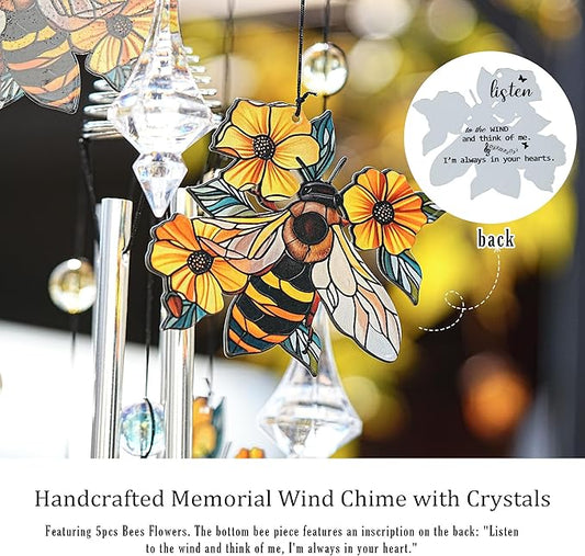YU FENG Bee Wind Chimes with Crystal Suncatcher – 27 Inch Memorial Wind Chime for Outdoor Garden Decor, Bee Gifts for Mom/Grandma, Metal Windchimes for Yard/Patio