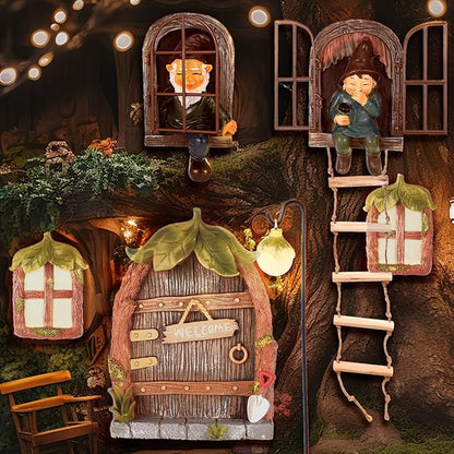 7 Pcs Fairy Garden Accessories Tree Hugger Gnome Statue Fairy Door Window Set Dwarf Elf Landscape Figurine Out The Door Resin Sculpture Hanging Tree Faces Decor for Trees Outdoor Decor (Fresh)