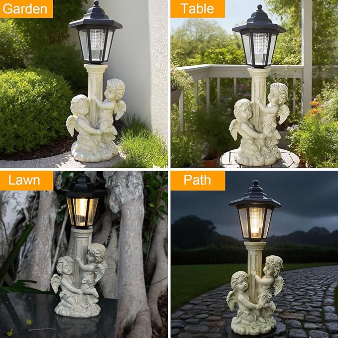 Angel Boy and Girl Statue with Solar Lantern, Outdoor Solar Angel Garden Statue with Roma Pillar for Garden Lawn Patio Yard Deocr, Mother's Day Birthday Gift