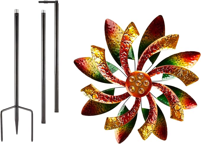 Alpine Corporation 64" Tall Floral Windmill Stake with Jeweled Kinetic Spinner, Green and Orange