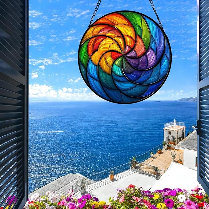 Stained Glass Window Hanging Rainbow Colored Abstract Vortex Large 11.8" - Suncatcher Door Garden Sun Catcher Home Decor Birthday Christmas for Woman Nana Friend Men