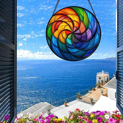 Stained Glass Window Hanging Rainbow Colored Abstract Vortex Large 11.8" - Suncatcher Door Garden Sun Catcher Home Decor Birthday Christmas for Woman Nana Friend Men