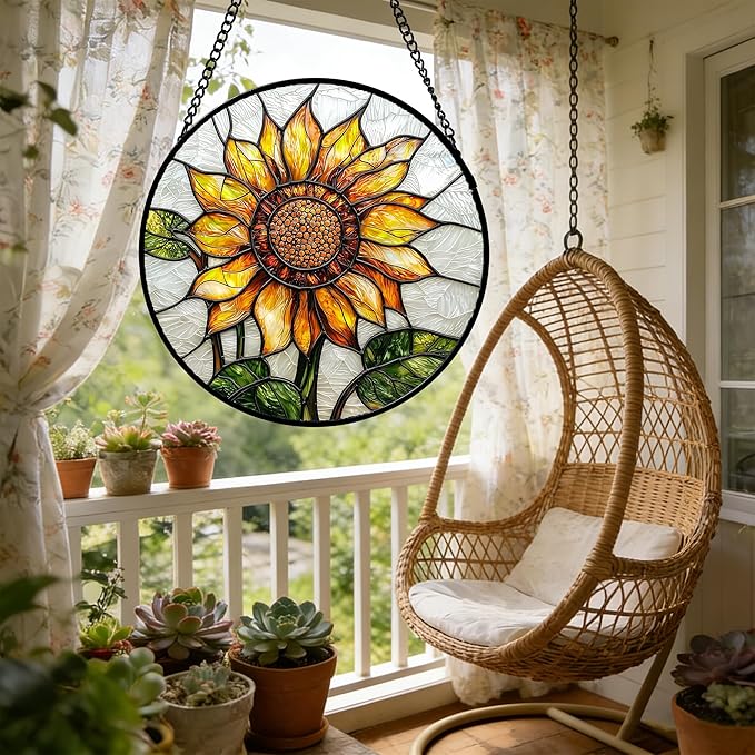 DASTOLL Stained Glass Window Hanging - Sunflower Flower Suncatcher Ready to Hang Window Doors Home Decoration and Christmas, Mother's Day Birthday Gifts for Women, Men, and Mom 14.9x14.9 in