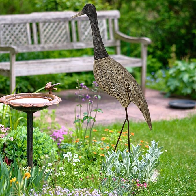 E-view Garden Heron Statue Outdoor Wood Standing Bird Sculptures - Backyard Porch Patio Pond Decorations Yard Art Wooden Heron Lawn Decor, 31Inches High