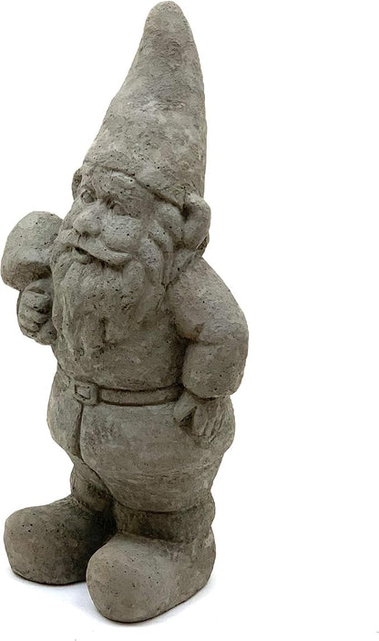 Garden Gnome with Shroom: Solid Durable Stone Statue with Vintage Texture. Sealed for Outdoors. Handcrafted USA. (Antique/Gray)
