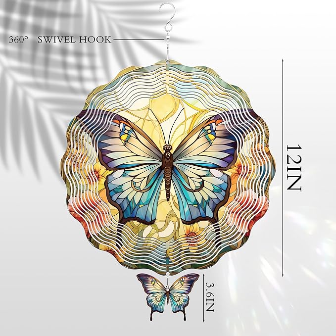 Butterfly Wind Spinners Outdoor - 3D Steel Stainless Flower Hanging Decor Garden Yard Patio Indoor Outside Art Ornaments 12 Inch Kinetic Sculpture Birthday for Women Mom Wife