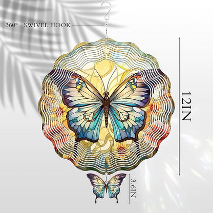 Butterfly Wind Spinners Outdoor - 3D Steel Stainless Flower Hanging Decor Garden Yard Patio Indoor Outside Art Ornaments 12 Inch Kinetic Sculpture Birthday for Women Mom Wife