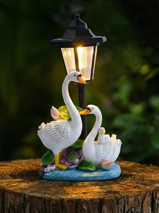 Solar Swan Garden Statue Outdoor Decor, Elegant Bird Figurines with Street Lamp Light for Patio Porch Decorations, Yard Lawn Sculptures Statues Unique Women Homes