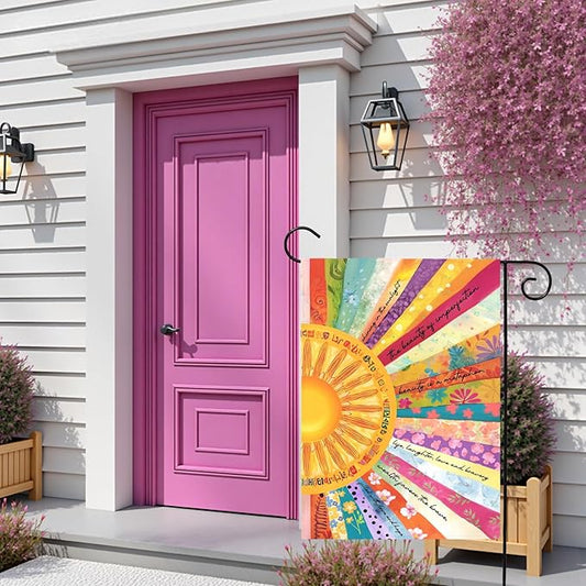 Summer Sun Garden Flag Colorful Boho Sunshine Yard Flags Inspirational Artistic Outdoor Decor for Front Yard Lawn Patio Porch Bright Floral Seasonal House Banner Double Sided 12x18 Inch