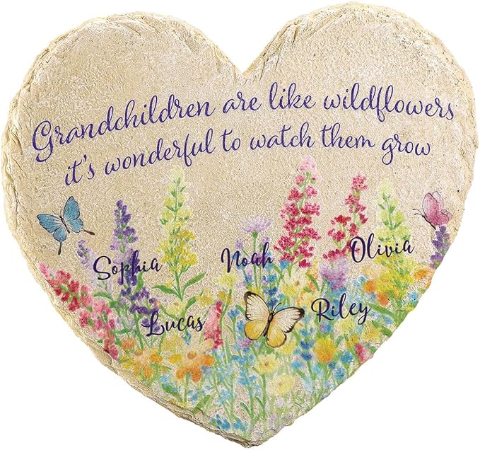 Fox Valley Traders Custom Grandchildren Wildflowers Garden Stone, 100% Resin, Outdoor Décor - Measures 10" x 9 1/2", 5 Names