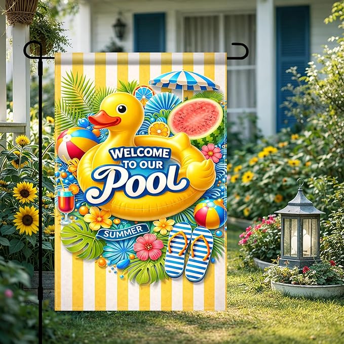 BlissYard Welcome To Our Pool Garden Flag 12x18 Double Sided Vertical Outdoor Decor Rubber Duck Summer Poolside Yard Garden Lawn Banner Bright Seasonal Display