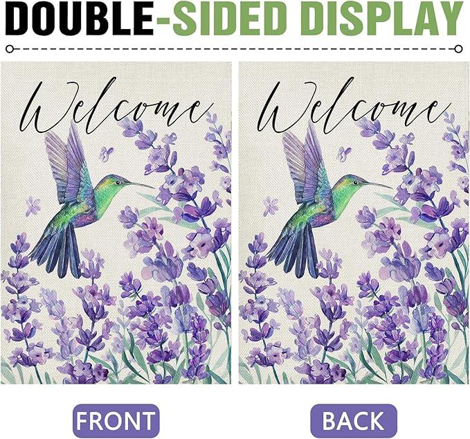 Dyrenson Welcome Spring Summer Hummingbird Lavender Decorative Garden Flag, Purple Flower Floral Yard Outside Home Decorations, Seasonal Burlap Outdoor Small Decor Double Sided 12 x 18