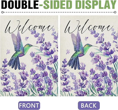 Dyrenson Welcome Spring Summer Hummingbird Lavender Decorative Garden Flag, Purple Flower Floral Yard Outside Home Decorations, Seasonal Burlap Outdoor Small Decor Double Sided 12 x 18