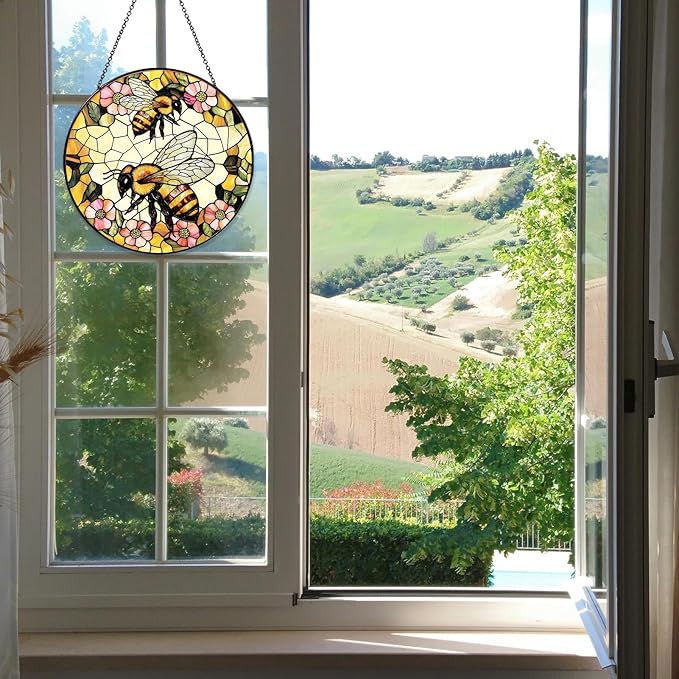 Bee Wildflower Stained Glass Window Hanging Bee Sun Catcher Honeybee Gifts for Women Christmas Suncatchers for Garden Home Windows Hanging Decoration, 7.87inch